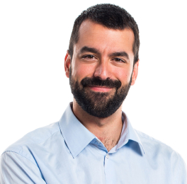 Middle-aged man with beard in blue shirt